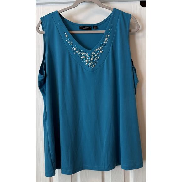 Susan Graver Tops - Susan Graver Tank Top Sz 1X Turquoise Blouse Beaded Sleeveless Liquid Knit EUC